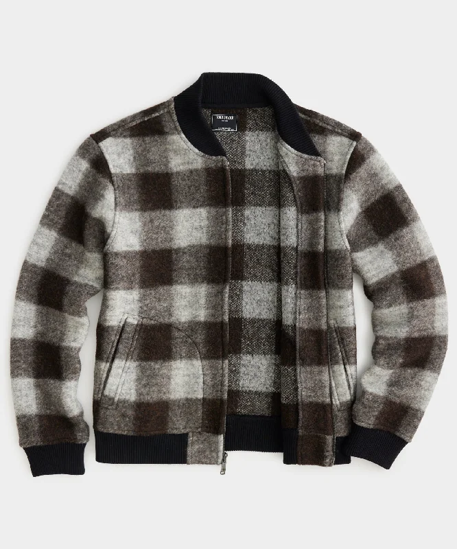 Brushed Buffalo Check Zip Bomber Jacket in Espresso Bean