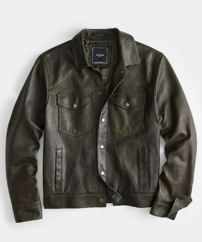 Italian Burnished Leather Dylan Jacket in Olive