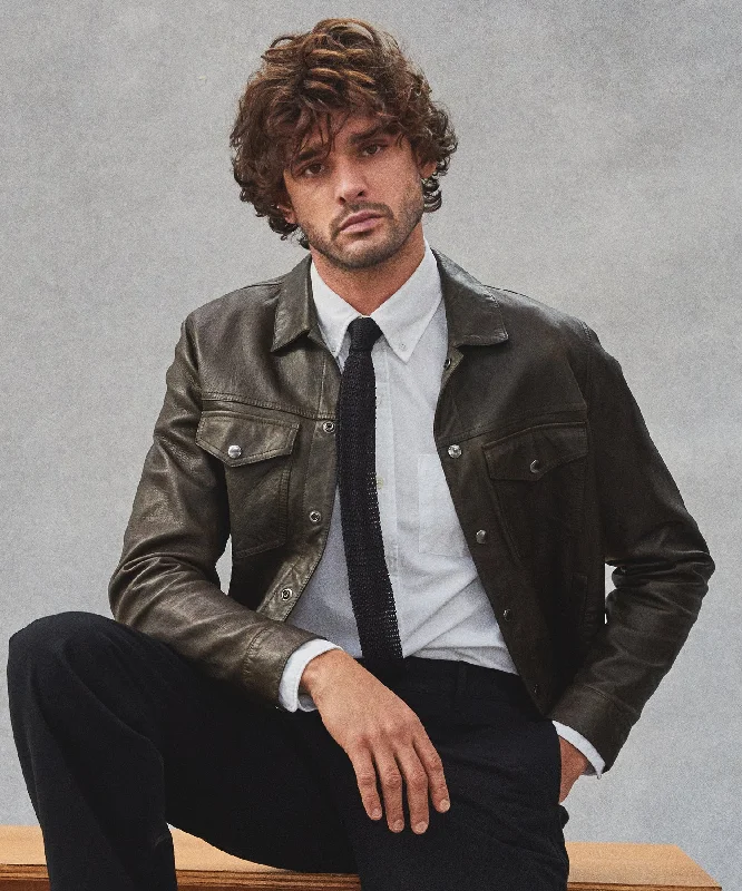 Italian Burnished Leather Dylan Jacket in Olive