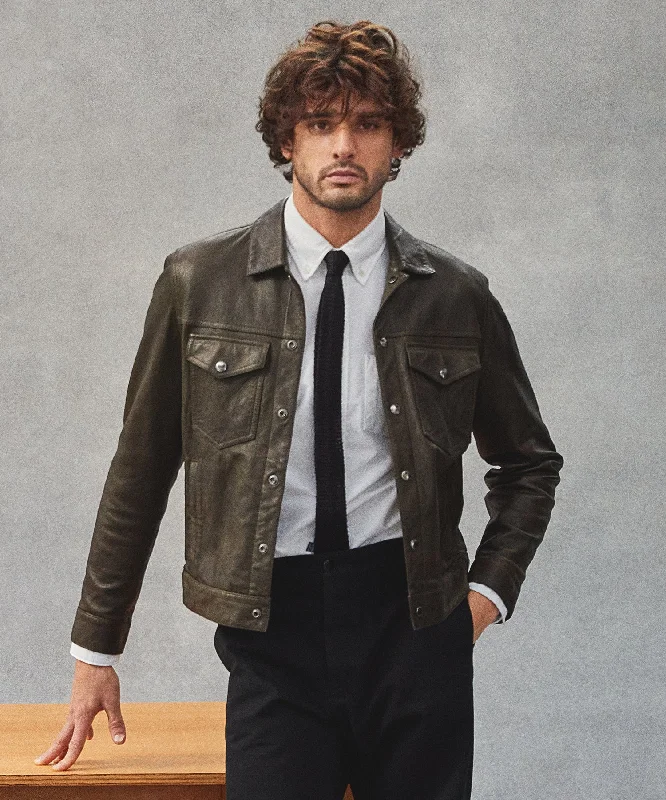 Italian Burnished Leather Dylan Jacket in Olive