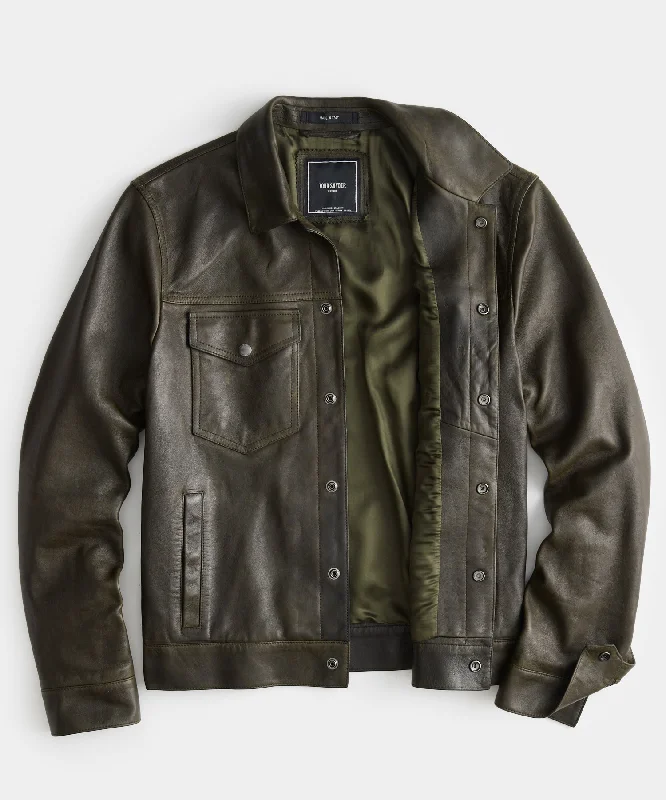 Italian Burnished Leather Dylan Jacket in Olive