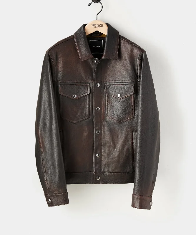 Italian Burnished Leather Dylan Jacket in Dark Brown