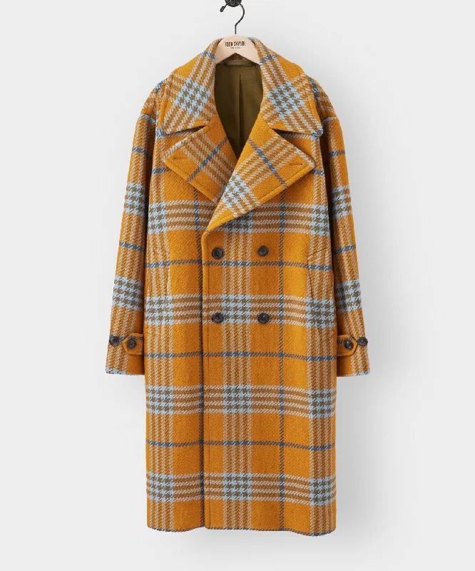 Italian Oversized Double Breasted Officer Coat in Chartreuse Plaid