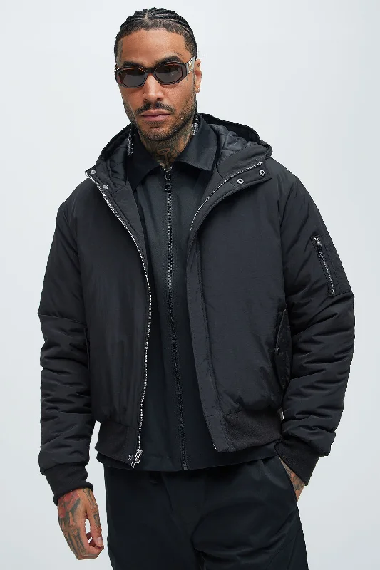 Full Zip Hood Parka Bomber Jacket - Black