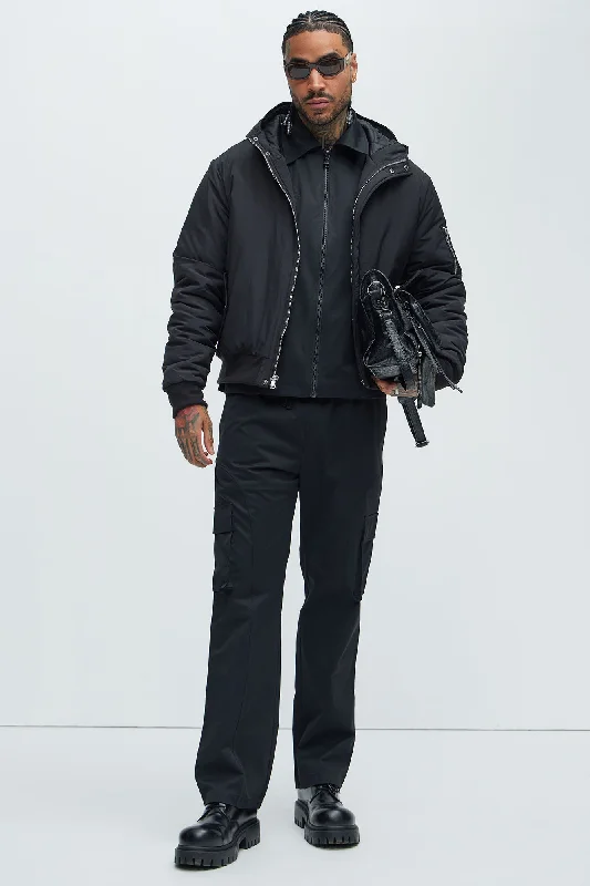 Full Zip Hood Parka Bomber Jacket - Black