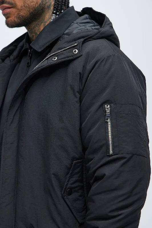 Full Zip Hood Parka Bomber Jacket - Black