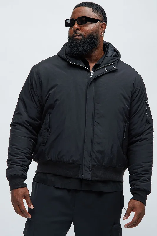 Full Zip Hood Parka Bomber Jacket - Black