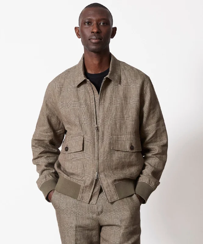 Italian Linen Flight Jacket in Olive Glenplaid