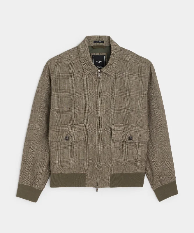 Italian Linen Flight Jacket in Olive Glenplaid