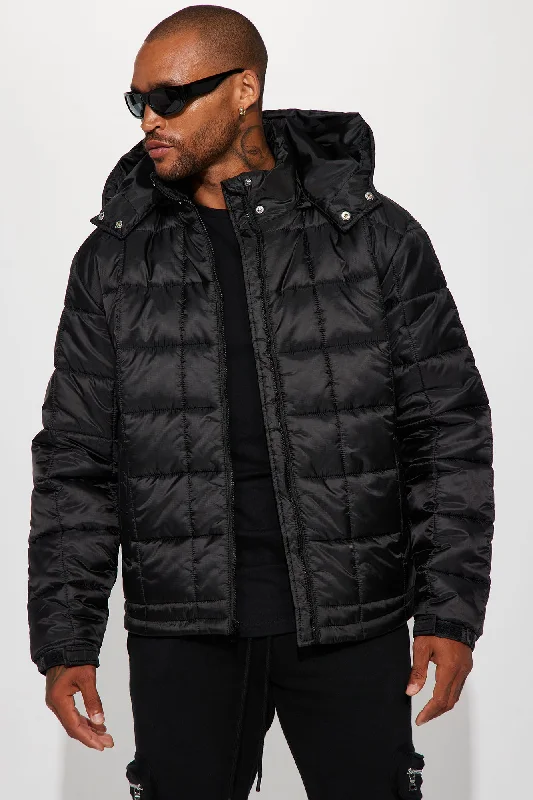 Grenade Like Hooded Puffer Jacket - Black