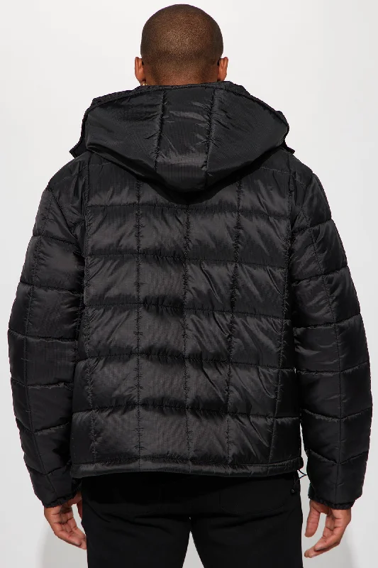 Grenade Like Hooded Puffer Jacket - Black