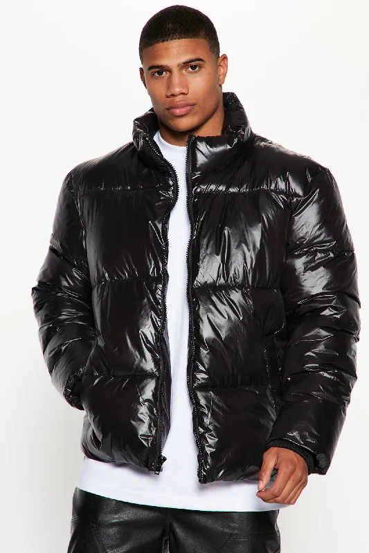 High Collar Gloss Puffer Jacket - Black