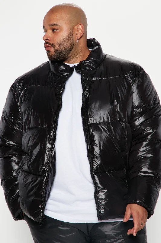 High Collar Gloss Puffer Jacket - Black