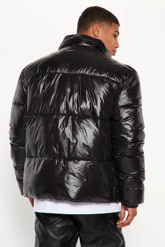 High Collar Gloss Puffer Jacket - Black