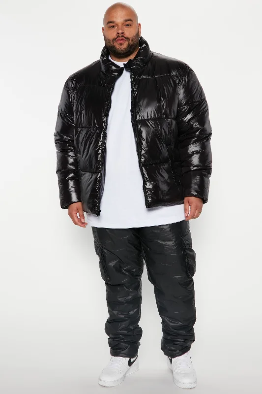 High Collar Gloss Puffer Jacket - Black