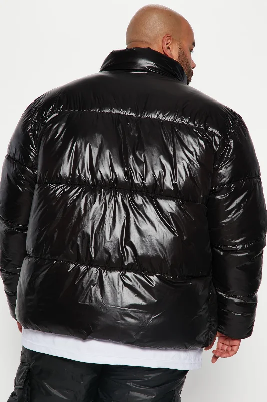 High Collar Gloss Puffer Jacket - Black