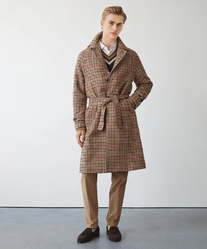 Italian Belted Balmacaan in Tan Houndstooth