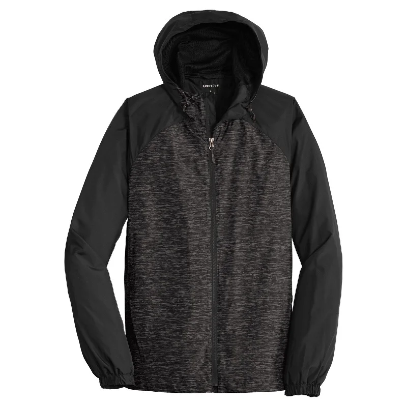 Sport-Tek Men's Black Heather/Black Heather Colorblock Raglan Hooded Wind Jacket