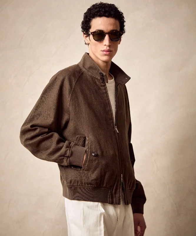 Cropped Linen Harrington Jacket in Espresso Bean