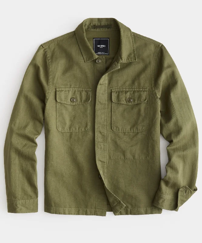 Cotton Linen Officer Shirt Jacket in Olive