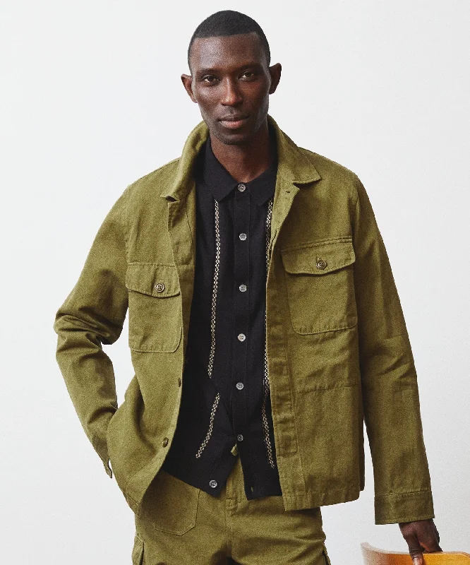 Cotton Linen Officer Shirt Jacket in Olive