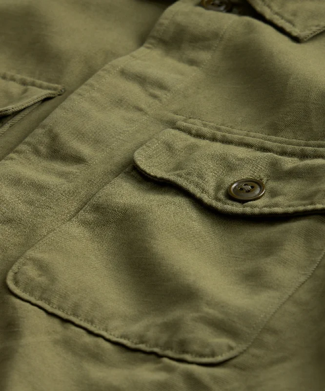 Cotton Linen Officer Shirt Jacket in Olive