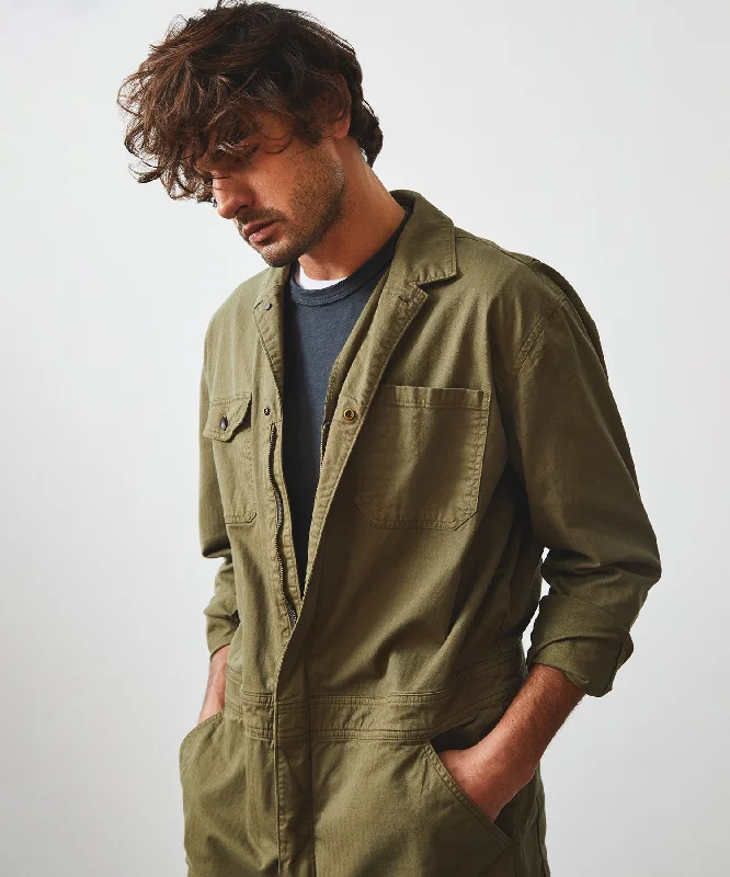 Garment Dyed Coverall in Olive Herringbone