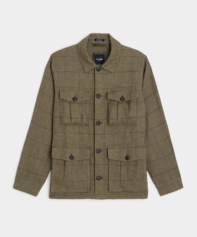 Linen Field Jacket in Olive Windowpane