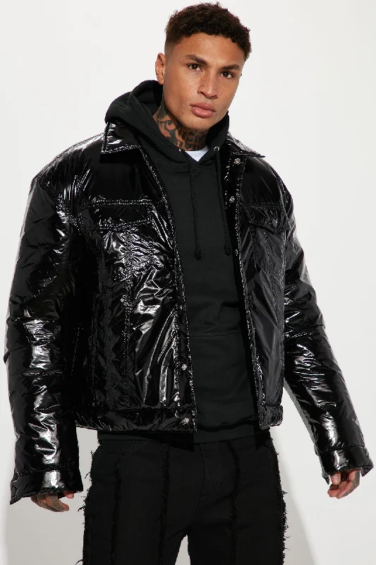 Posted Shiny Nylon Trucker Jacket - Black