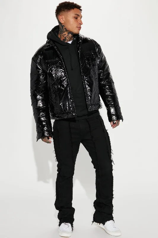 Posted Shiny Nylon Trucker Jacket - Black