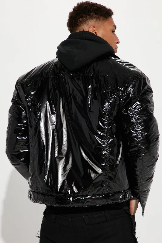 Posted Shiny Nylon Trucker Jacket - Black