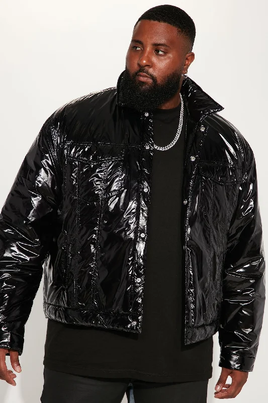 Posted Shiny Nylon Trucker Jacket - Black