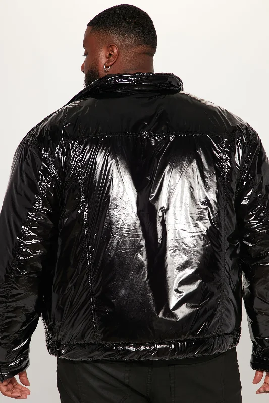 Posted Shiny Nylon Trucker Jacket - Black