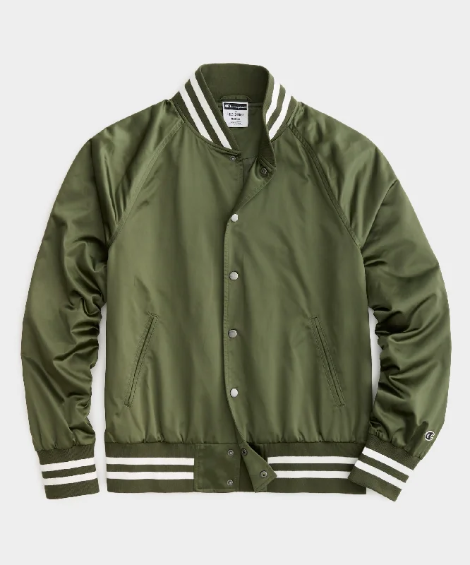 Champion Satin Bomber Jacket in Olive