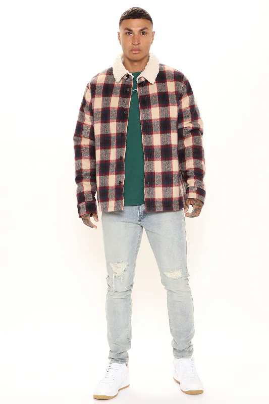 Sherpa Flannel Shacket - Red/combo