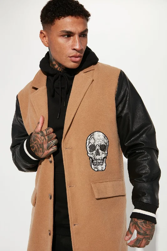 Skull Faux Leather Sleeves Long Coat - Tan