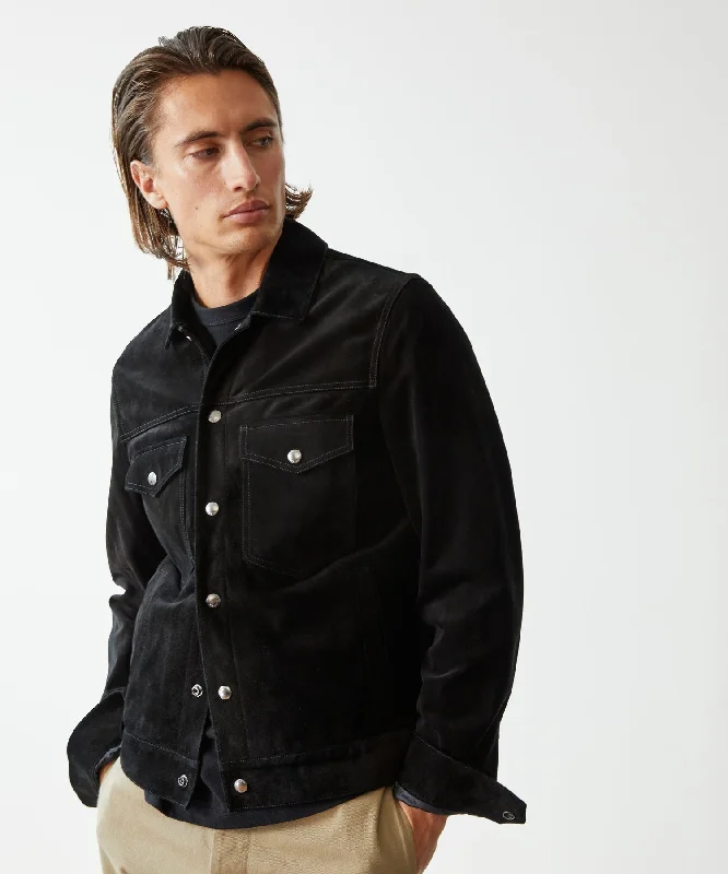 Italian Suede Snap Dylan Jacket in Black