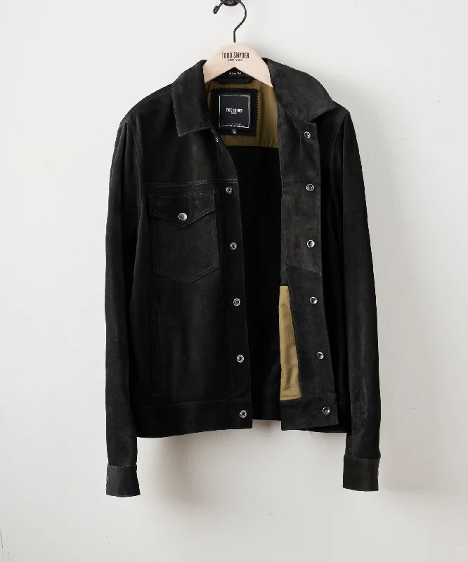 Italian Suede Snap Dylan Jacket in Black