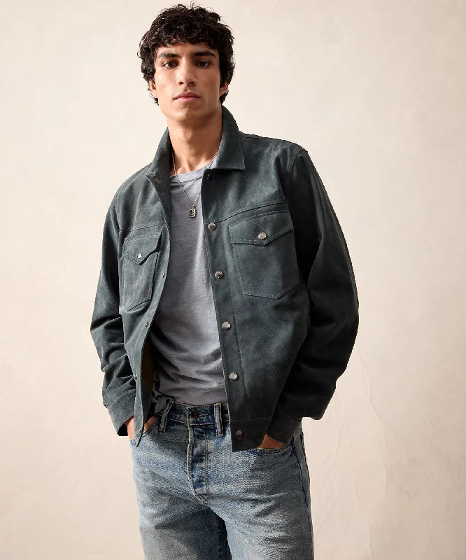 Italian Suede Snap Dylan Jacket in Blue Metal