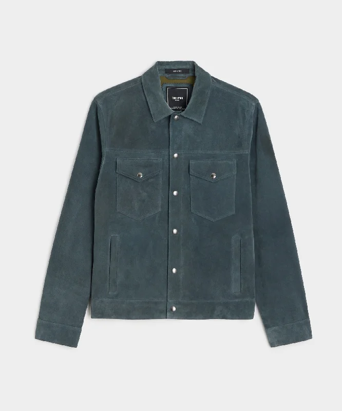 Italian Suede Snap Dylan Jacket in Blue Metal