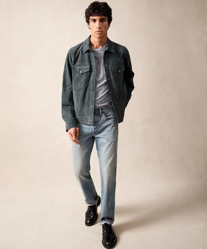 Italian Suede Snap Dylan Jacket in Blue Metal