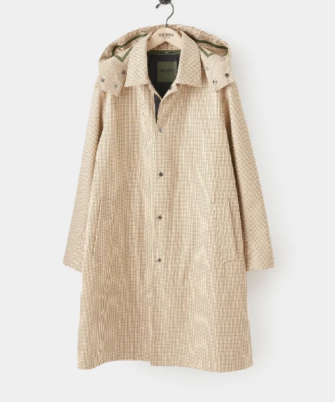 Italian Tech Hooded Mac Coat in Khaki Houndstooth