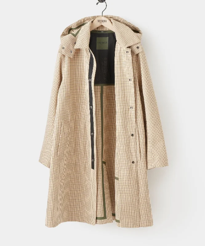 Italian Tech Hooded Mac Coat in Khaki Houndstooth