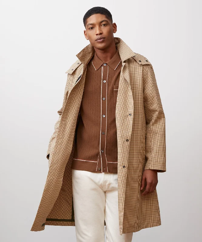 Italian Tech Hooded Mac Coat in Khaki Houndstooth