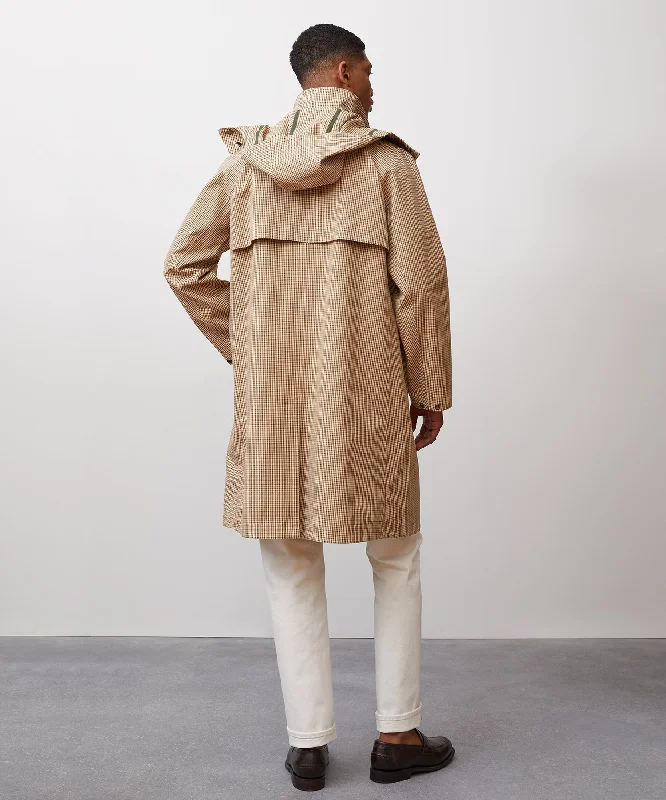 Italian Tech Hooded Mac Coat in Khaki Houndstooth