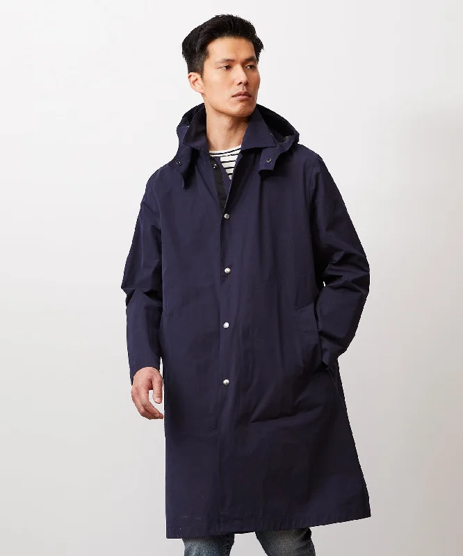 Italian Tech Hooded Mac Coat in Navy