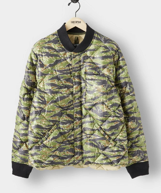 Japanese Quilted Down Snap Bomber Jacket in Tiger Camo