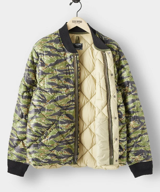 Japanese Quilted Down Snap Bomber Jacket in Tiger Camo