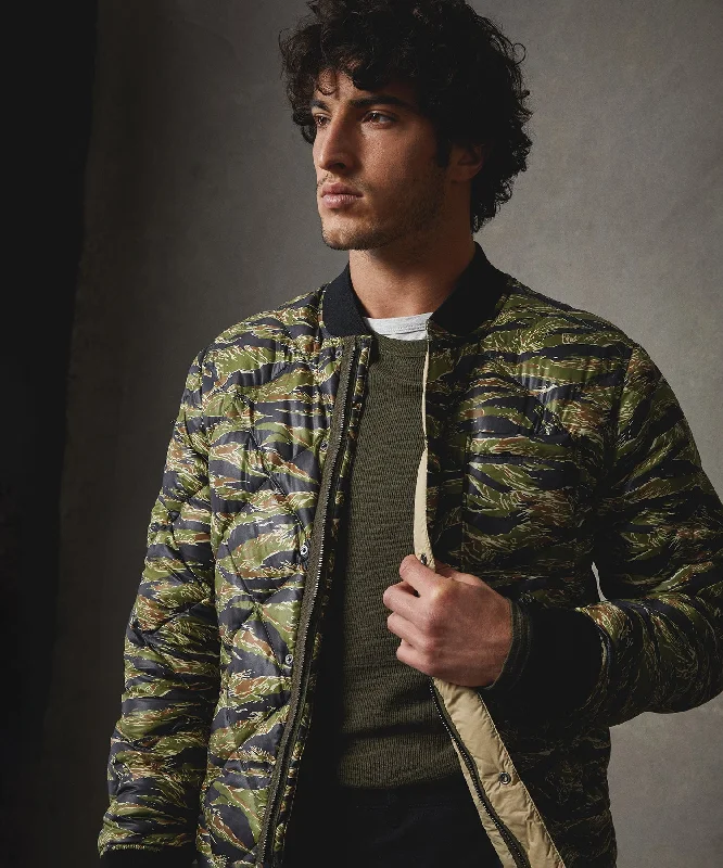 Japanese Quilted Down Snap Bomber Jacket in Tiger Camo