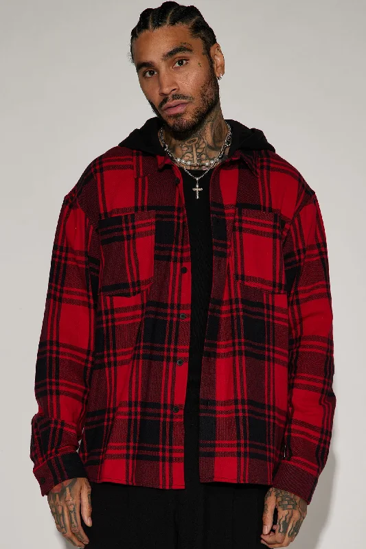 Time Gon Tell Hooded Oversized Shacket - Red/Black